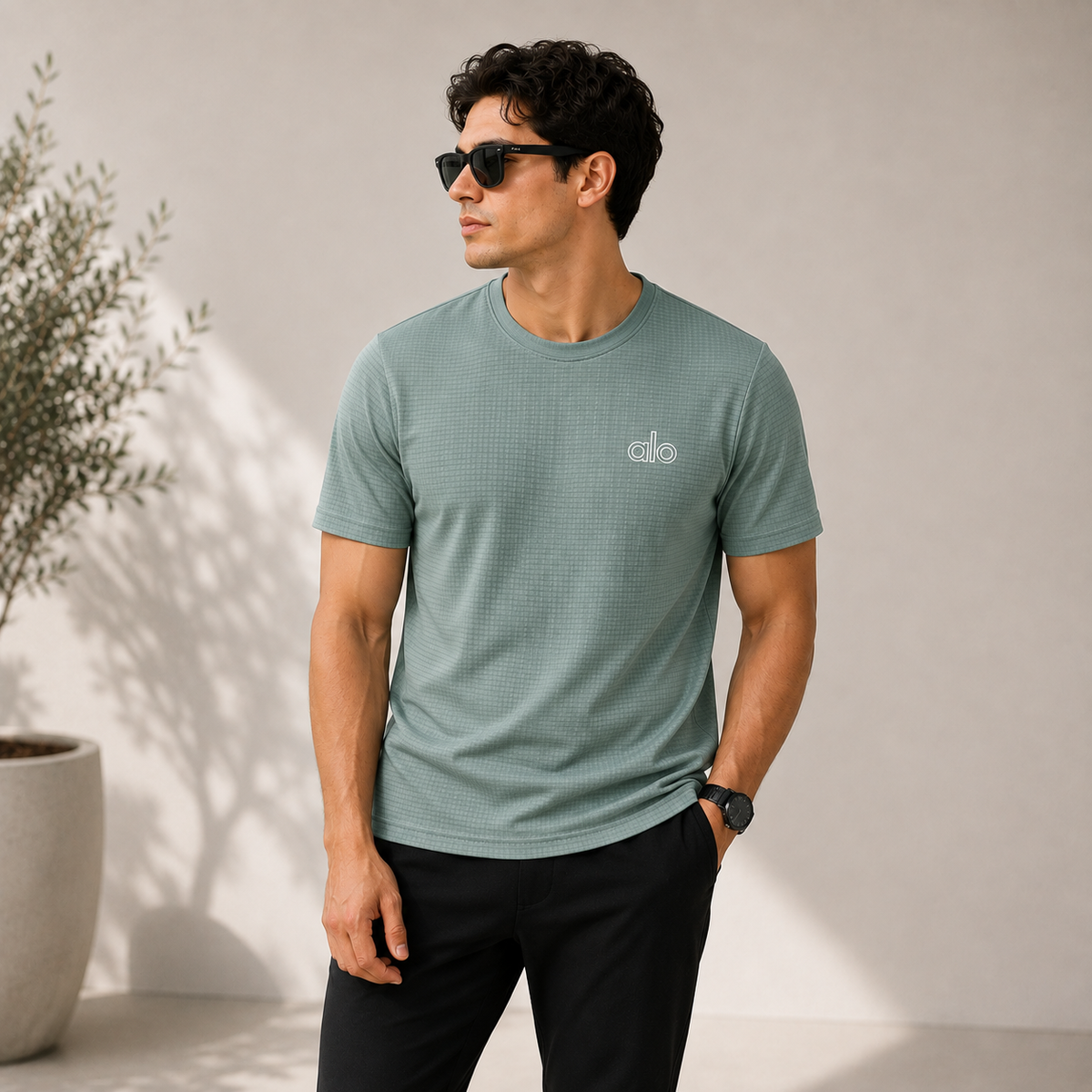 Alo Yoga Distinctive Front Logo Arrival Green Dry-Fit Tee