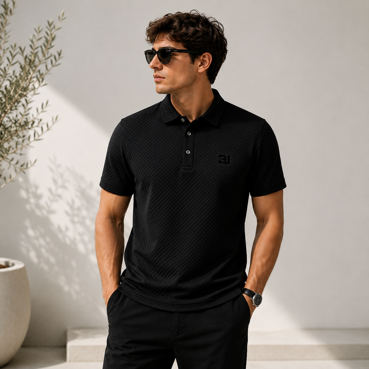 Short Sleeve Men's Breathable Solid Golf Black Shirt